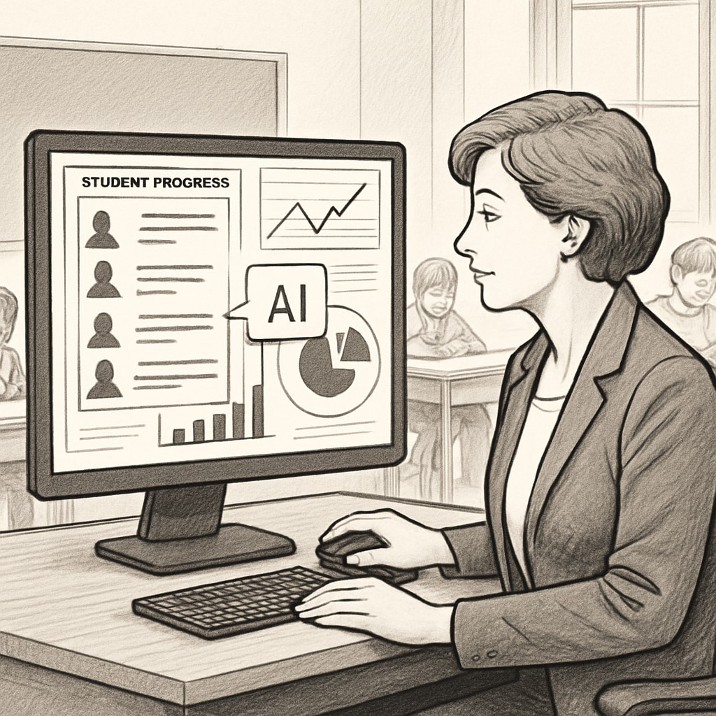 An educator using an AI-powered dashboard to monitor student progress and provide real-time interventions. AI assisting teachers in tracking student performance and enhancing teaching strategies.