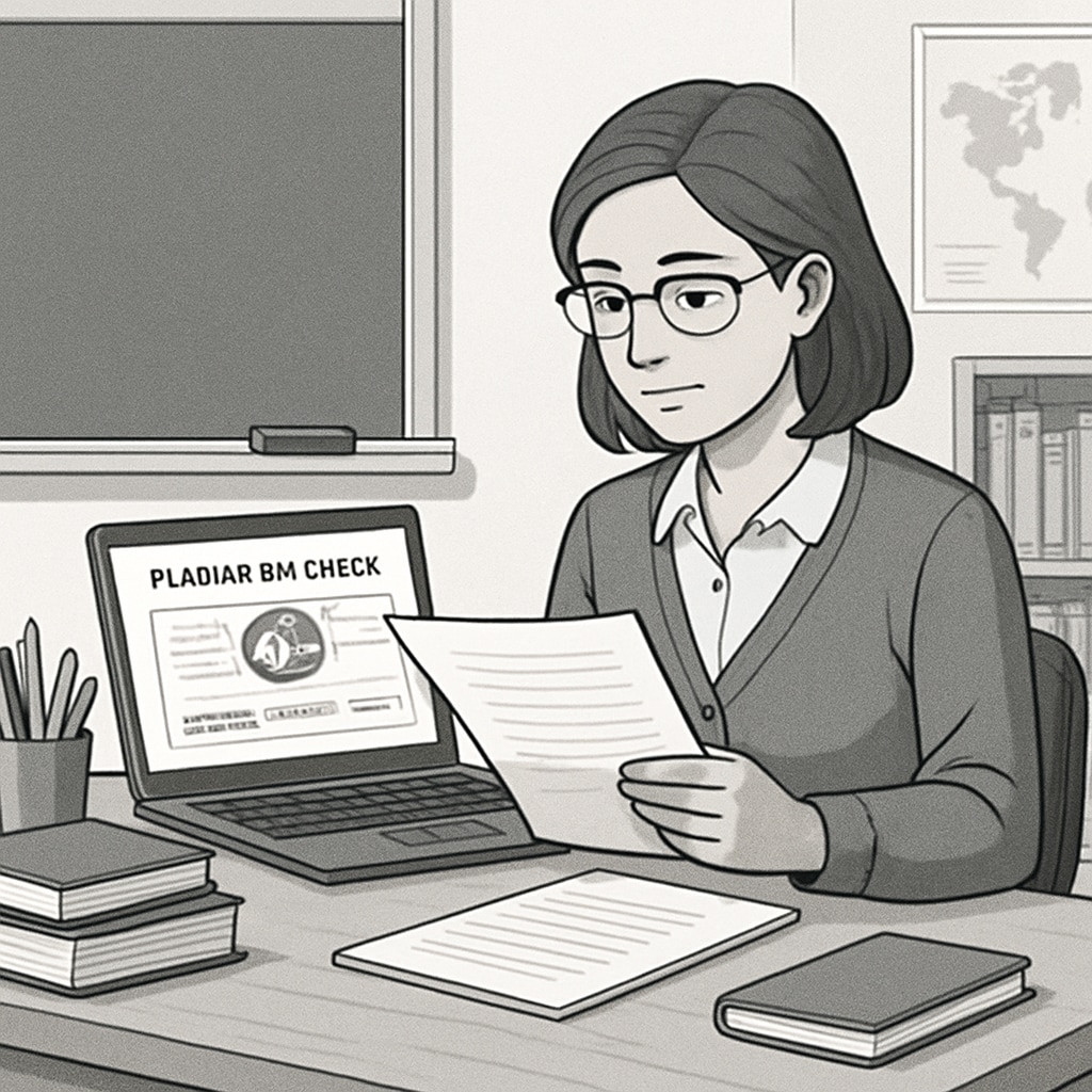A teacher reviewing a student's paper with plagiarism detection software displayed on a laptop, emphasizing the use of technology in plagiarism detection. Teacher using plagiarism detection software to evaluate a student's paper.