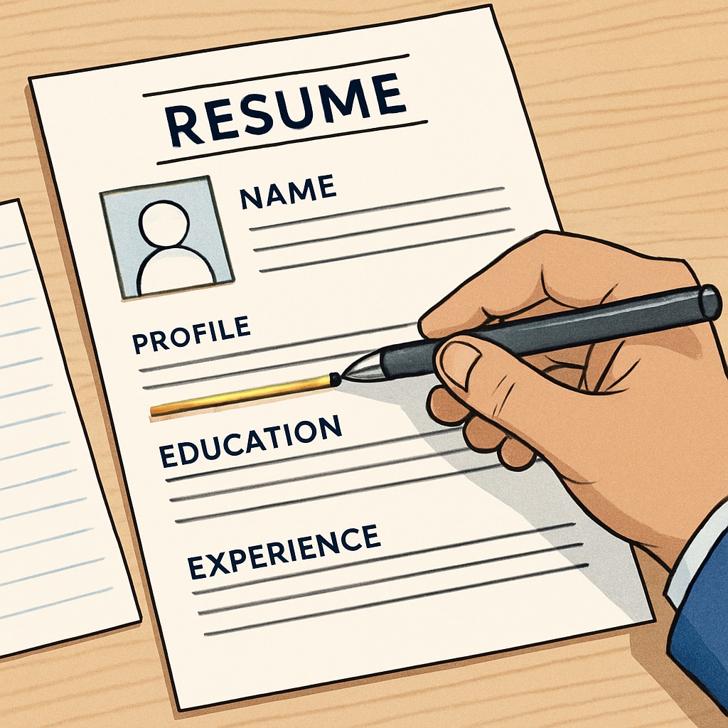 A close-up of a teacher’s hand highlighting key sections of a printed resume while preparing for an interview. Teacher reviewing a resume for a Canadian teaching job
