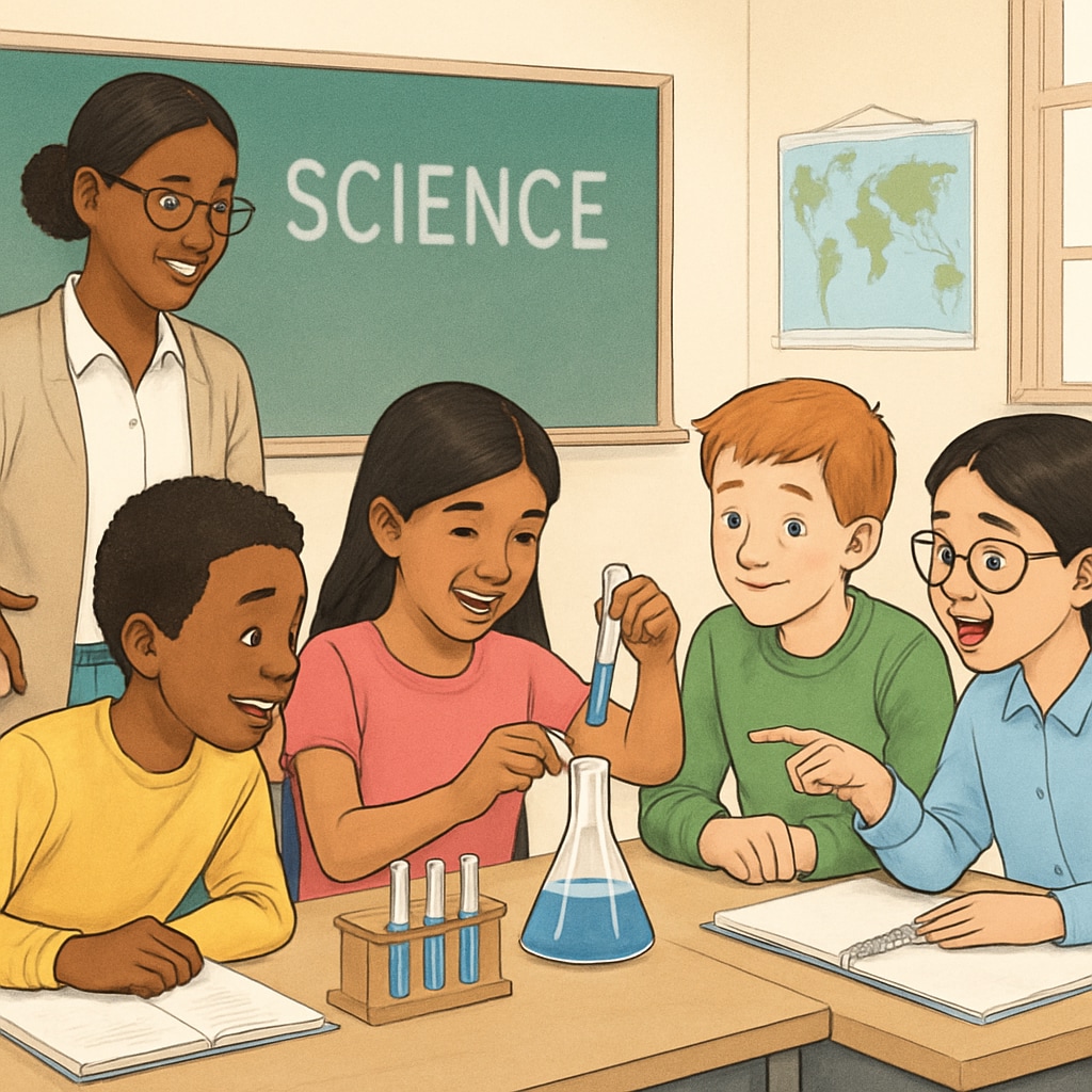Diverse students conducting a science experiment in a classroom, showing inclusive teaching strategies.