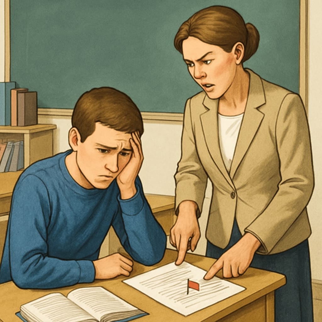 A student sitting in a classroom, looking upset while a teacher points to a flagged paragraph on their assignment, representing the emotional impact of wrongful accusations. Student upset while teacher points out a plagiarism accusation in their assignment.