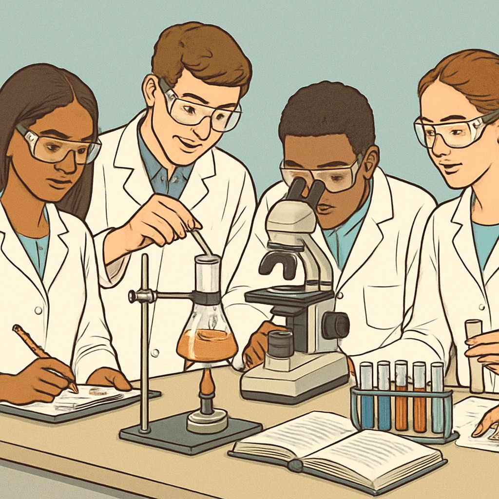 Students collaborating in a science lab using interactive learning techniques.