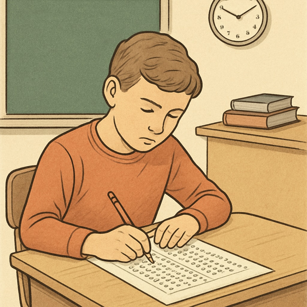 A student taking a traditional standardized test in a classroom setting, symbolizing outdated evaluation methods. Student taking a standardized test in a classroom, representing traditional competitive exams.