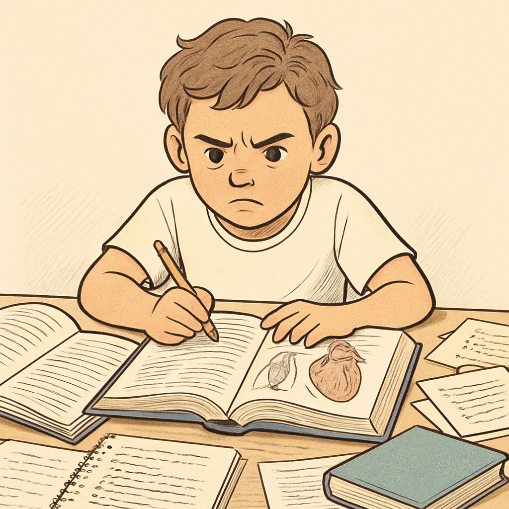 A determined student with learning difficulties studying medical textbooks, symbolizing resilience. Student with learning difficulties studying medical materials, symbolizing perseverance.