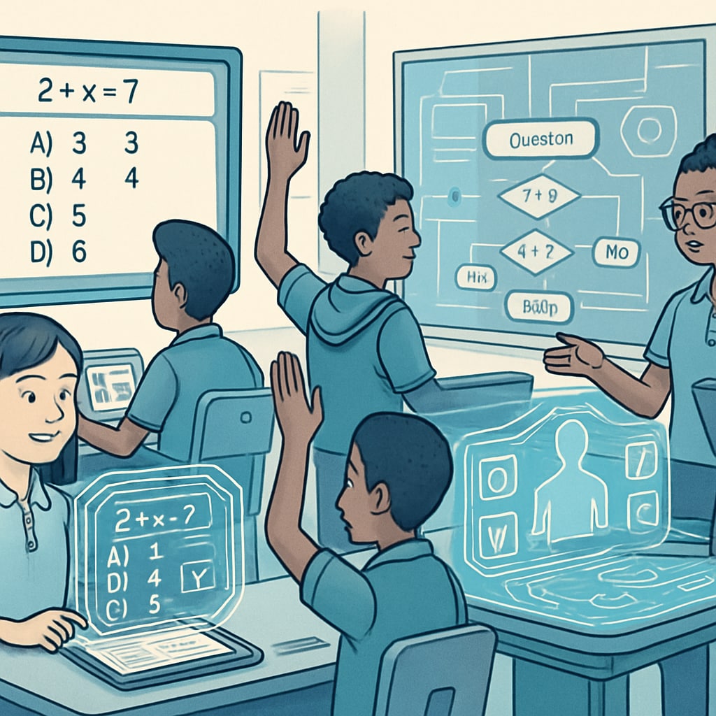 A futuristic classroom with students engaging in AI-powered interactive assessments, demonstrating advanced evaluation methods. Classroom with students using AI-powered assessments, symbolizing modern evaluation systems.