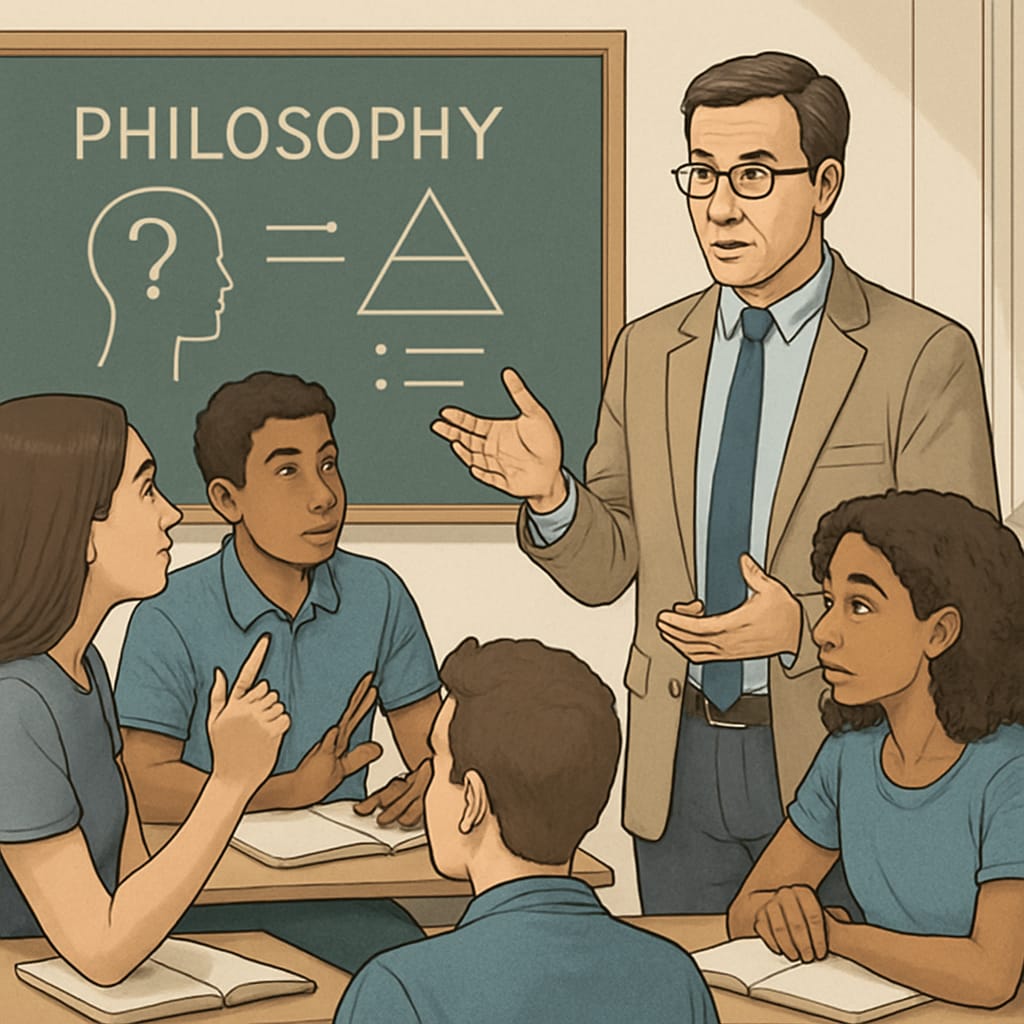 A classroom setting where a teacher is engaging students in philosophical discussion, emphasizing the importance of critical thinking. Philosophy teacher leading a class discussion to develop critical thinking skills.