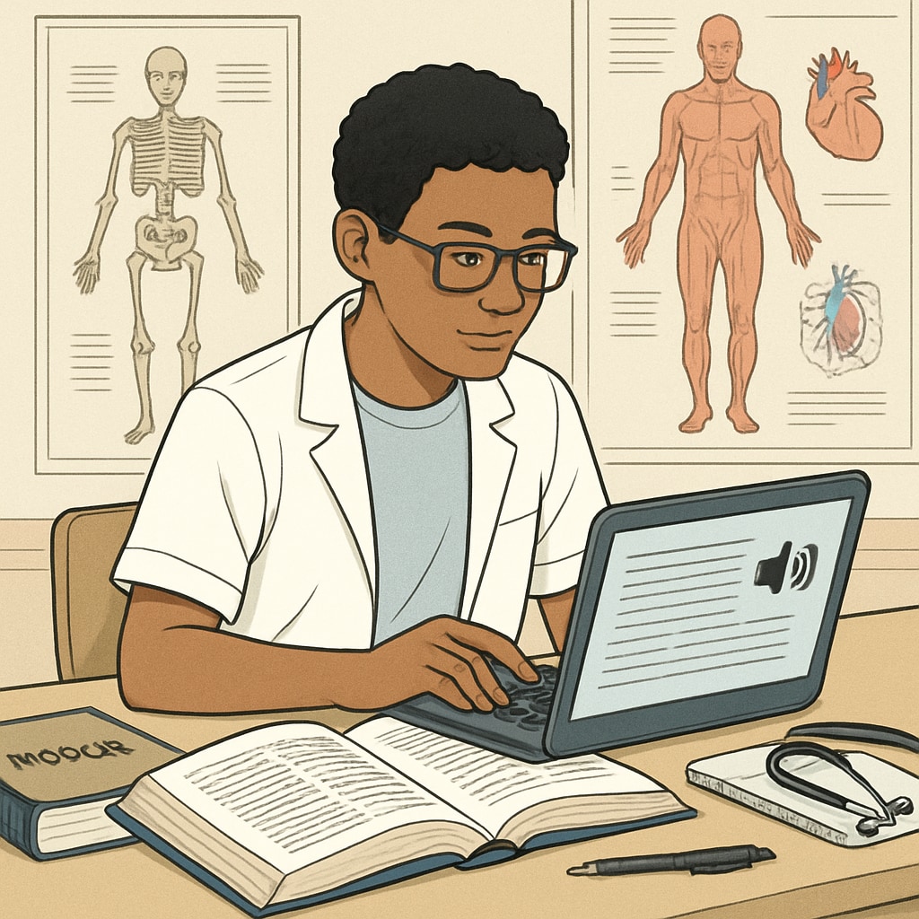 A student utilizing assistive technology, such as a laptop with text-to-speech software, for studying medicine. Student with learning difficulties using assistive technology for medical studies.