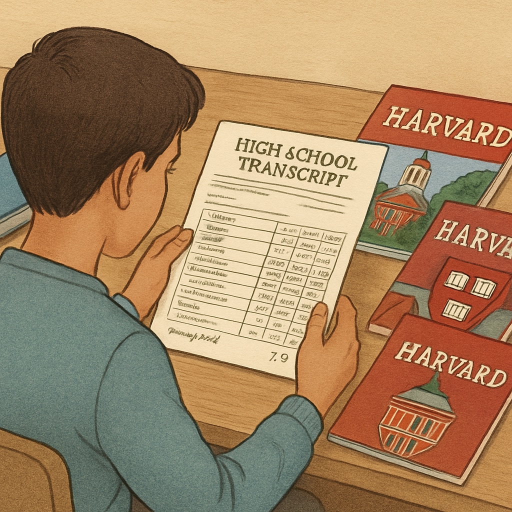Student reviewing transcript and Harvard University materials.