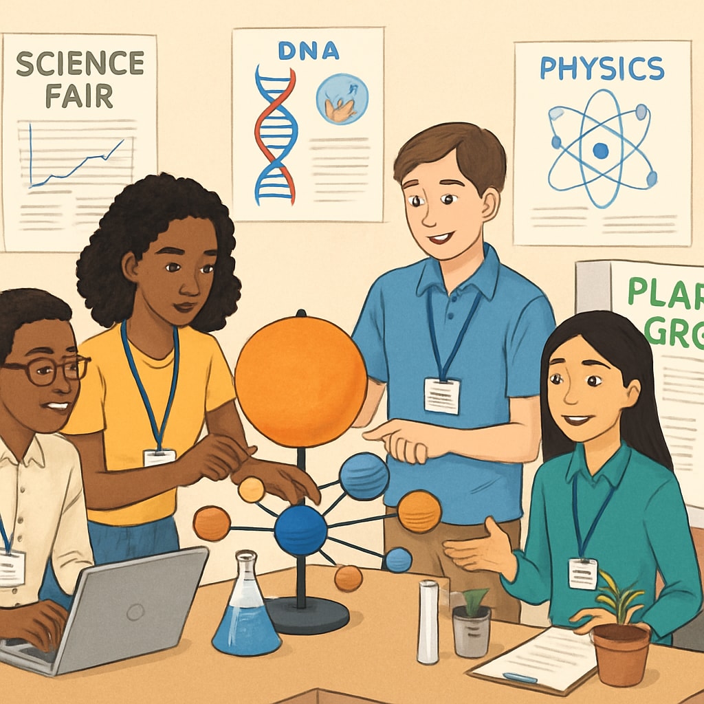 High school students at a science fair demonstrating teamwork.