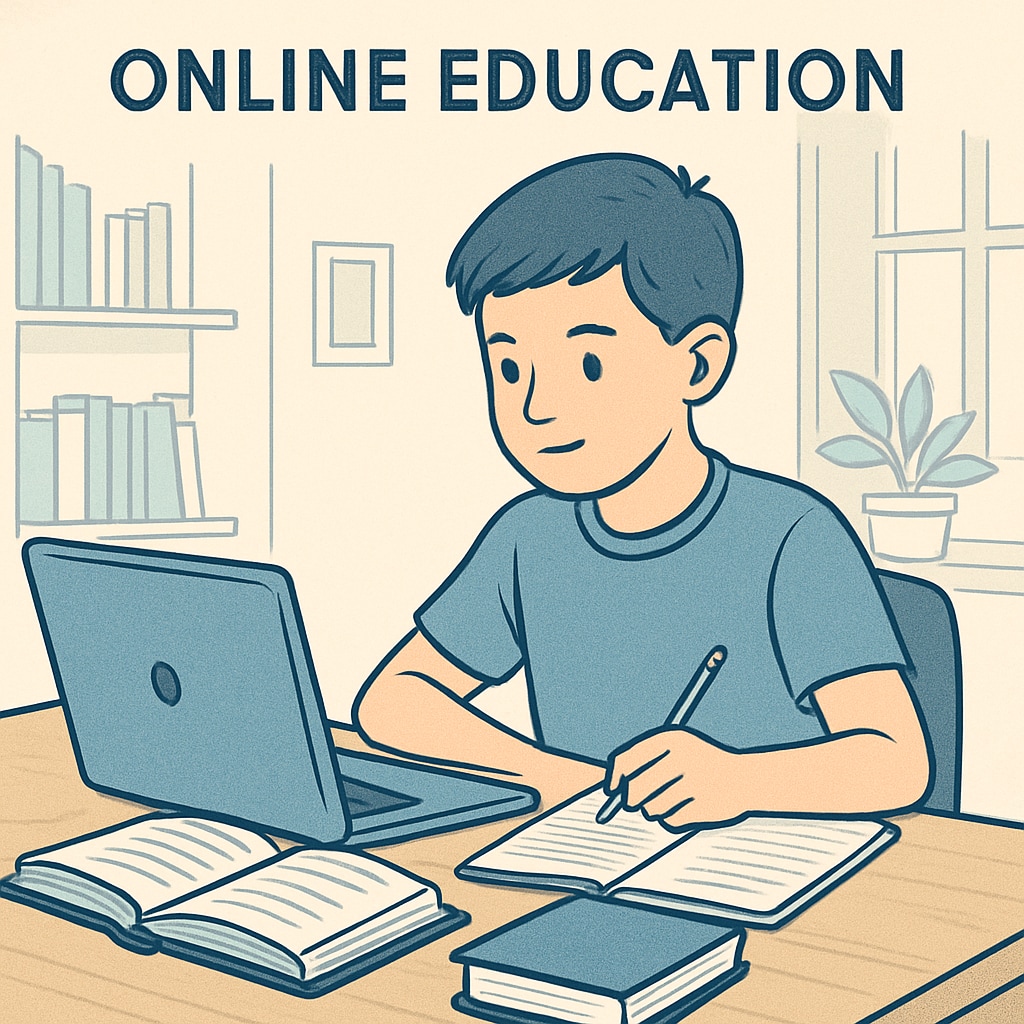 A young student studying at home with a laptop, books, and a notepad, symbolizing the flexibility of online education. Student studying online at home, representing alternative education pathways in the UK.