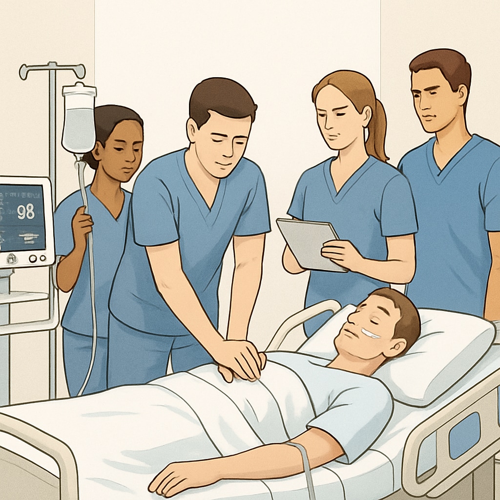 A group of nursing students in a clinical simulation lab, practicing hands-on patient care. Nursing students practicing in a simulation lab, preparing for clinical care.
