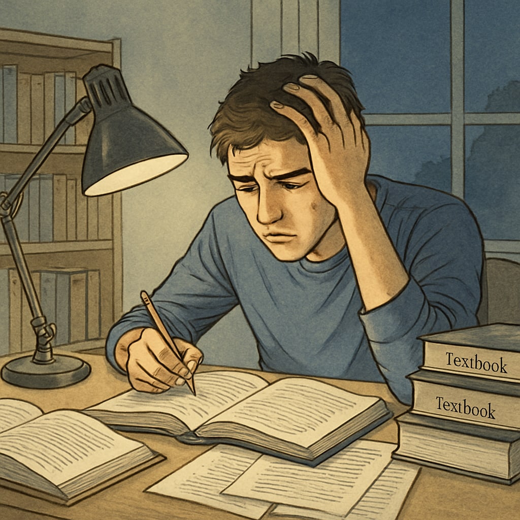 A stressed high school student studying late at night, symbolizing the pressure of Ivy League aspirations. High school student under pressure to meet Ivy League expectations
