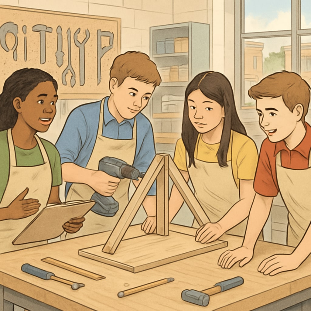 A group of high school students participating in a community workshop, working on a project together. High school students collaborating in a workshop as part of extracurricular learning resources.