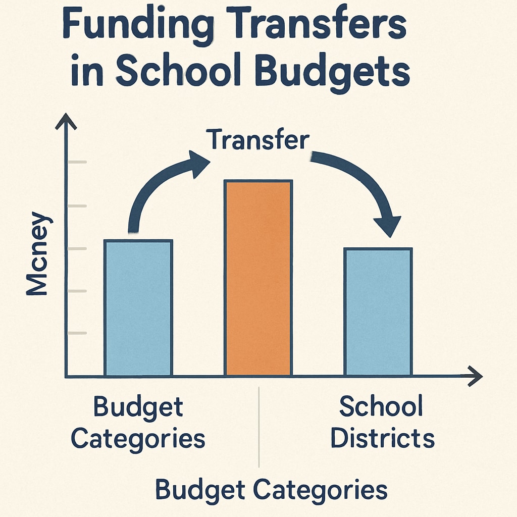 A graph illustrating the concept of funding transfers in school budgets, with visual indicators showing how funds flow between categories or districts. Graph showing funding transfers and their impact on per-student spending in school budgets.