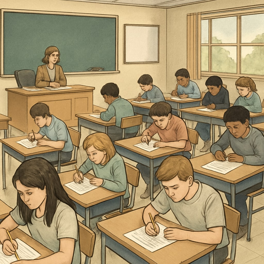 A classroom of students taking a standardized test, representing traditional competitive exams. Traditional competitive exams in a classroom setting.