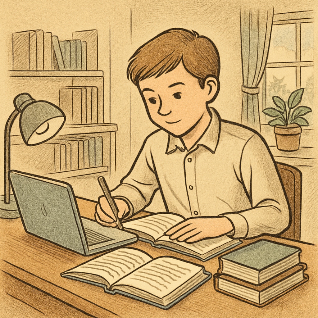 A high school student working on an online course at home, with books and a laptop. High school student engaging in an online course as part of extracurricular learning.