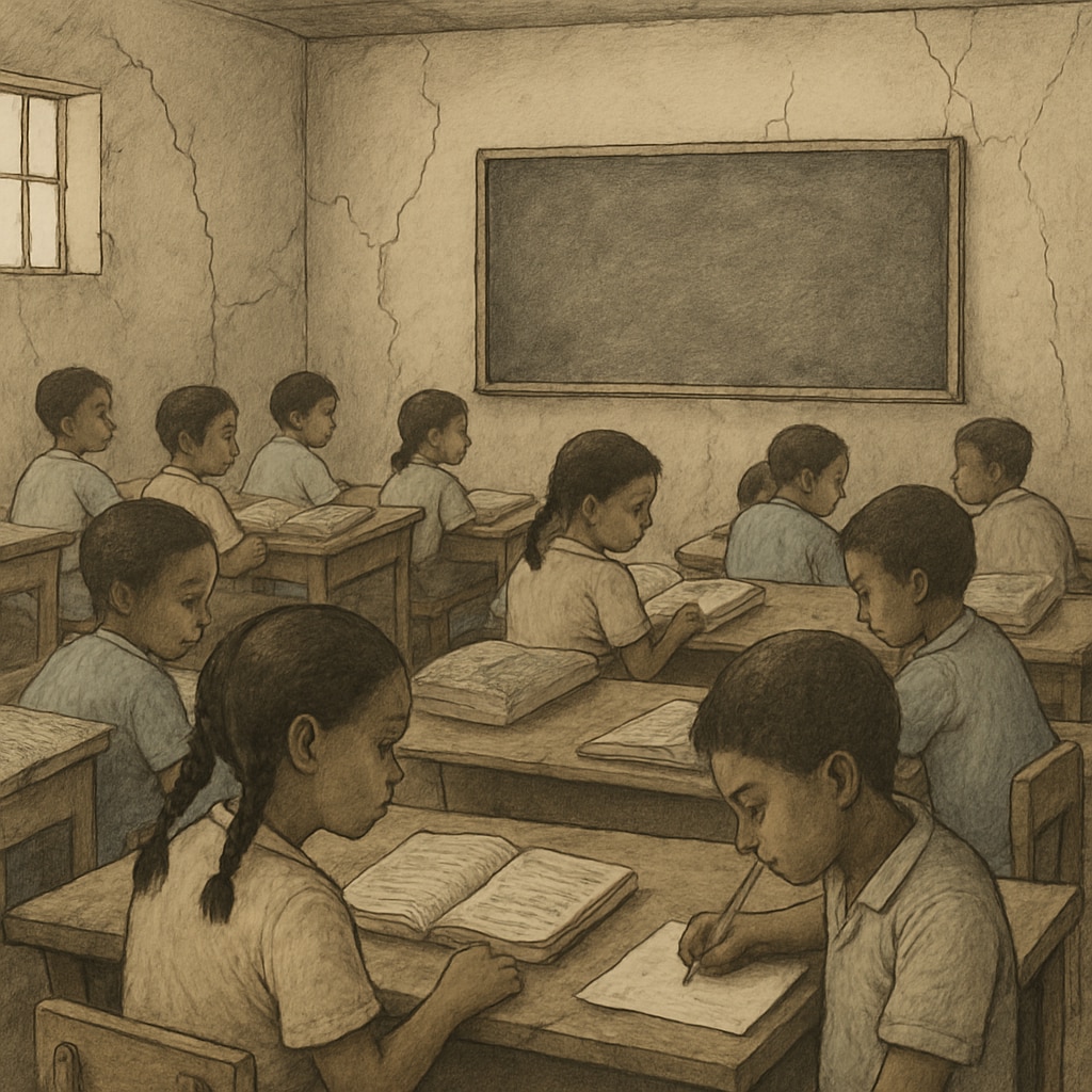 A classroom image depicting students in a resource-limited environment, emphasizing disparities in education funding and resource allocation. Classroom scene highlighting the impact of uneven funding in education.