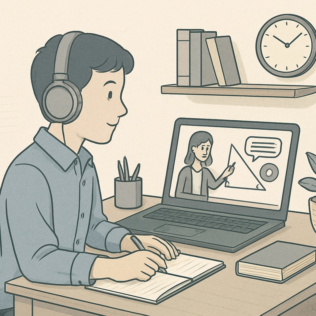 A student watching educational videos on YouTube, using headphones and a laptop. Student learning math from YouTube resources for campus recruitment preparation.