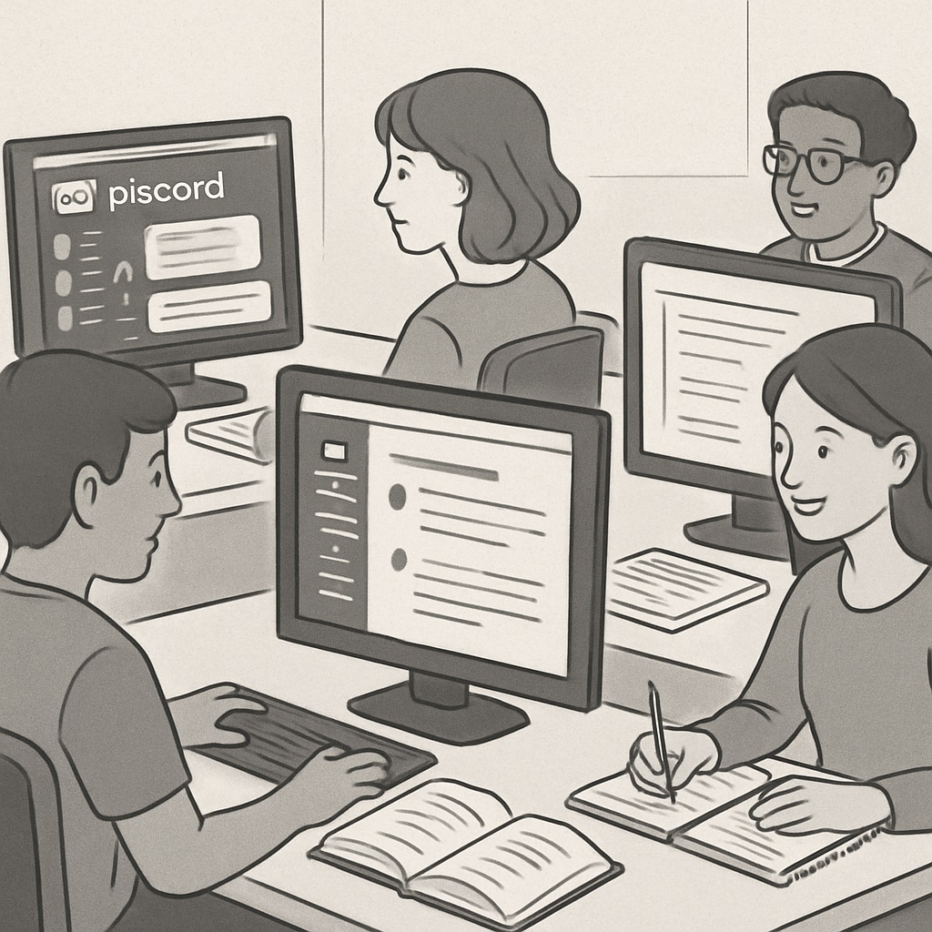 A group of students engaging in a virtual study session on Discord, with visible screens showcasing academic discussions. Students using Discord for academic collaboration at the University of Houston
