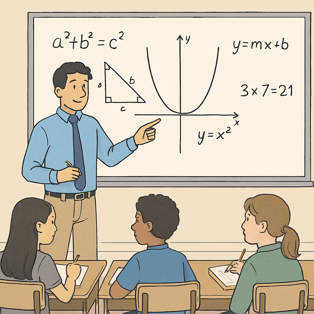 A teacher explaining math concepts on a whiteboard while students take notes. Classroom setting with students learning math to reduce anxiety and prepare for careers.
