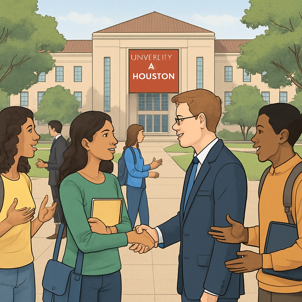 A University of Houston campus event with students networking and discussing educational topics. University of Houston students forming academic communities during a campus event