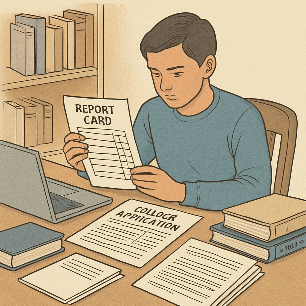 A student reviewing their report card while preparing their college application. A student reviewing their grades for a Harvard University application.
