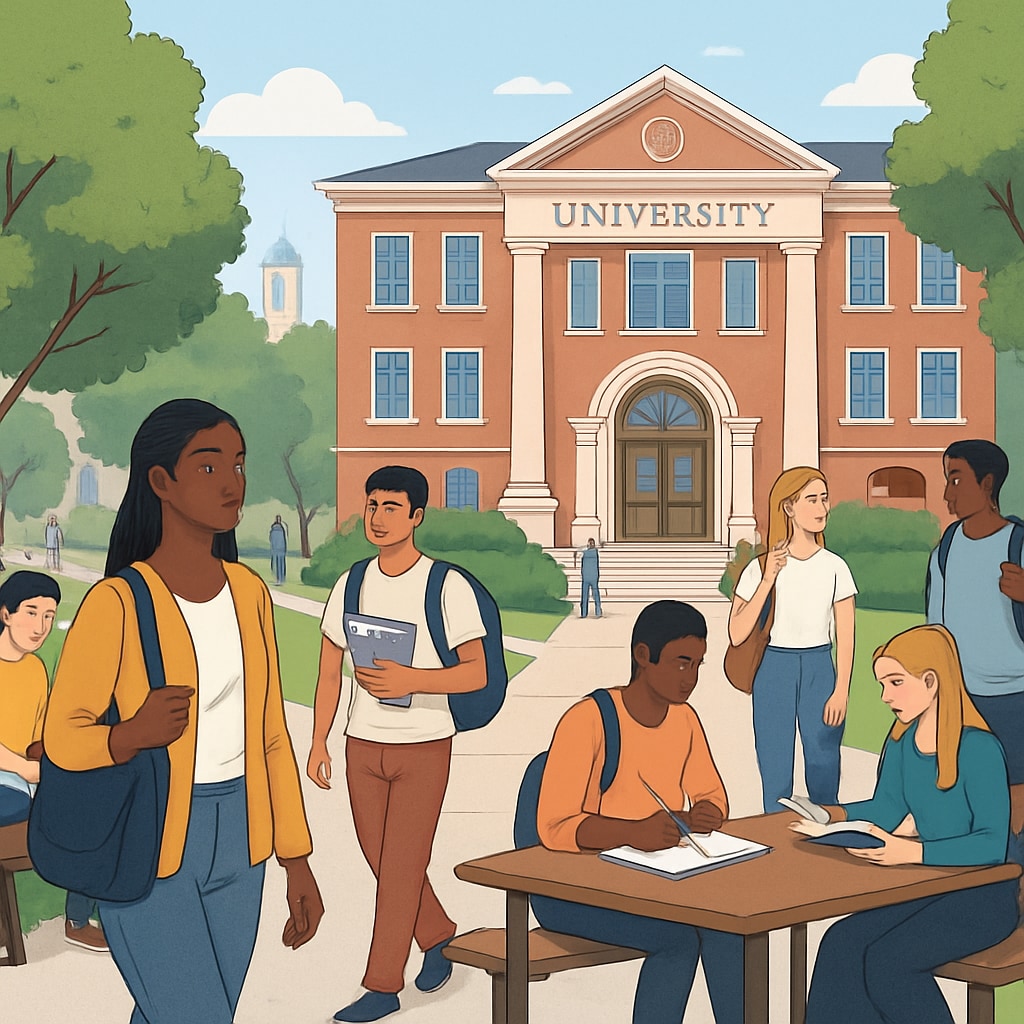 A university campus with students walking and sitting in outdoor study areas, symbolizing diverse university options. University campus with students exploring alternative education pathways.