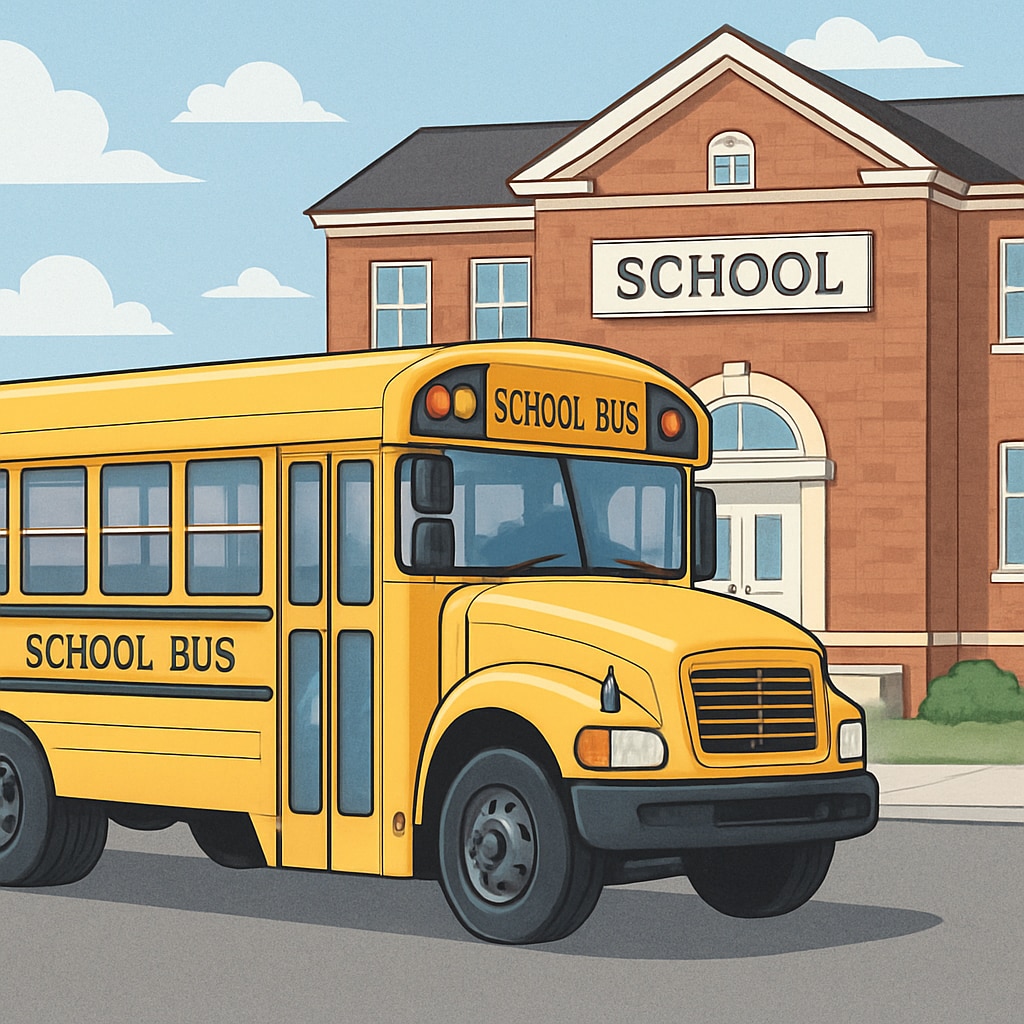 A school bus parked outside a school building, representing the impact of transportation costs on per-student expenditure calculations. School bus outside a school, symbolizing transportation costs in school budgets.