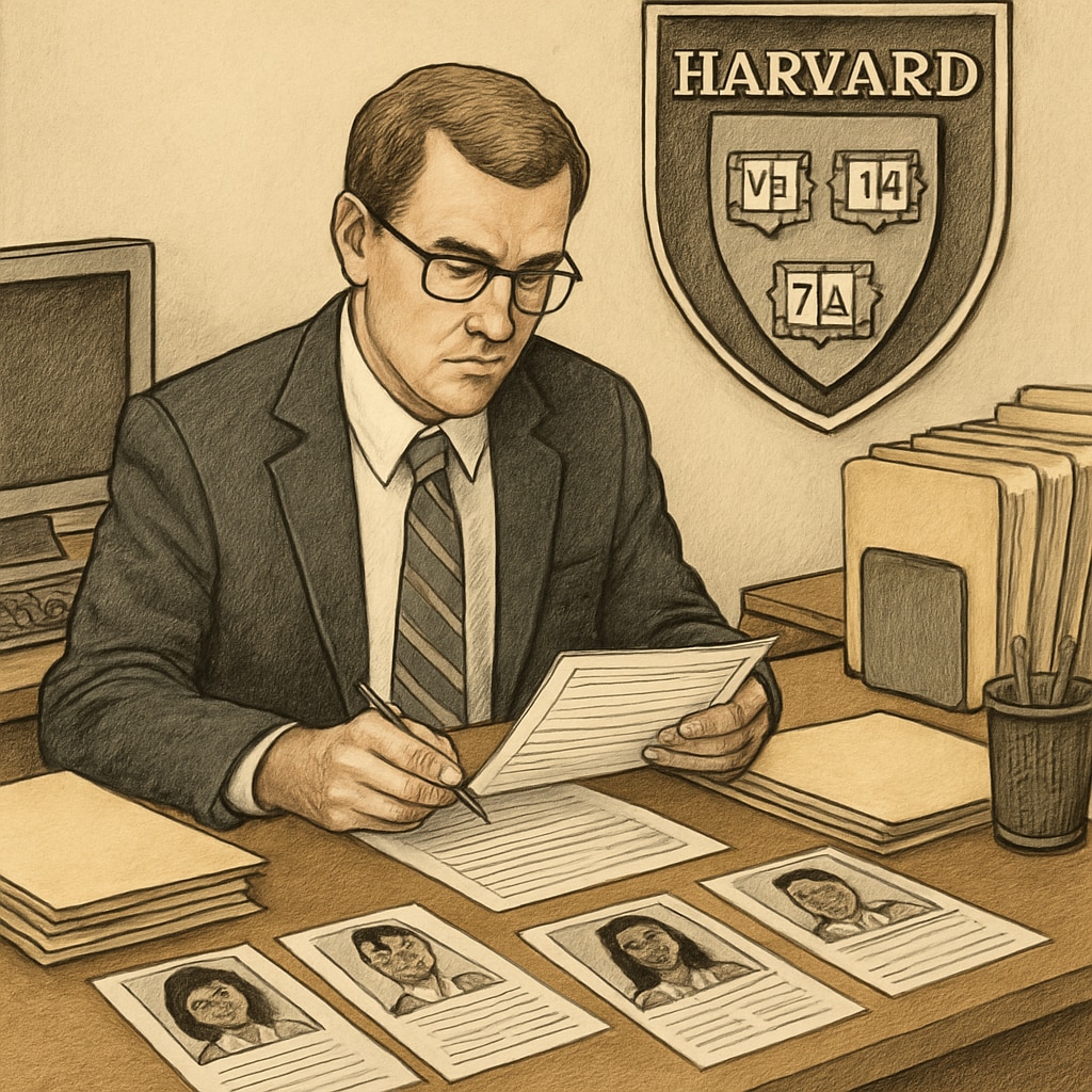 A Harvard admissions officer reviewing a diverse set of student applications. A Harvard admissions officer assessing applications holistically.