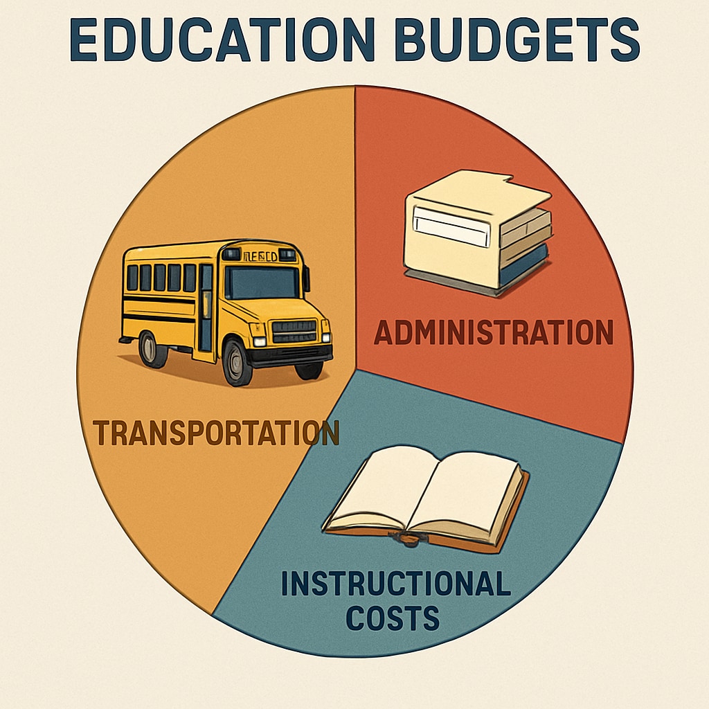 A detailed chart breaking down educational budgets, highlighting transportation, administrative, and instructional costs. Chart showing school budget breakdown, including transportation and administrative expenditures.