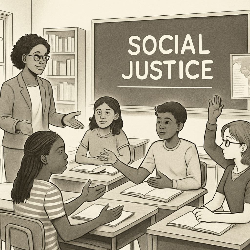 Students discussing awakened education and social justice themes in a classroom setting.
