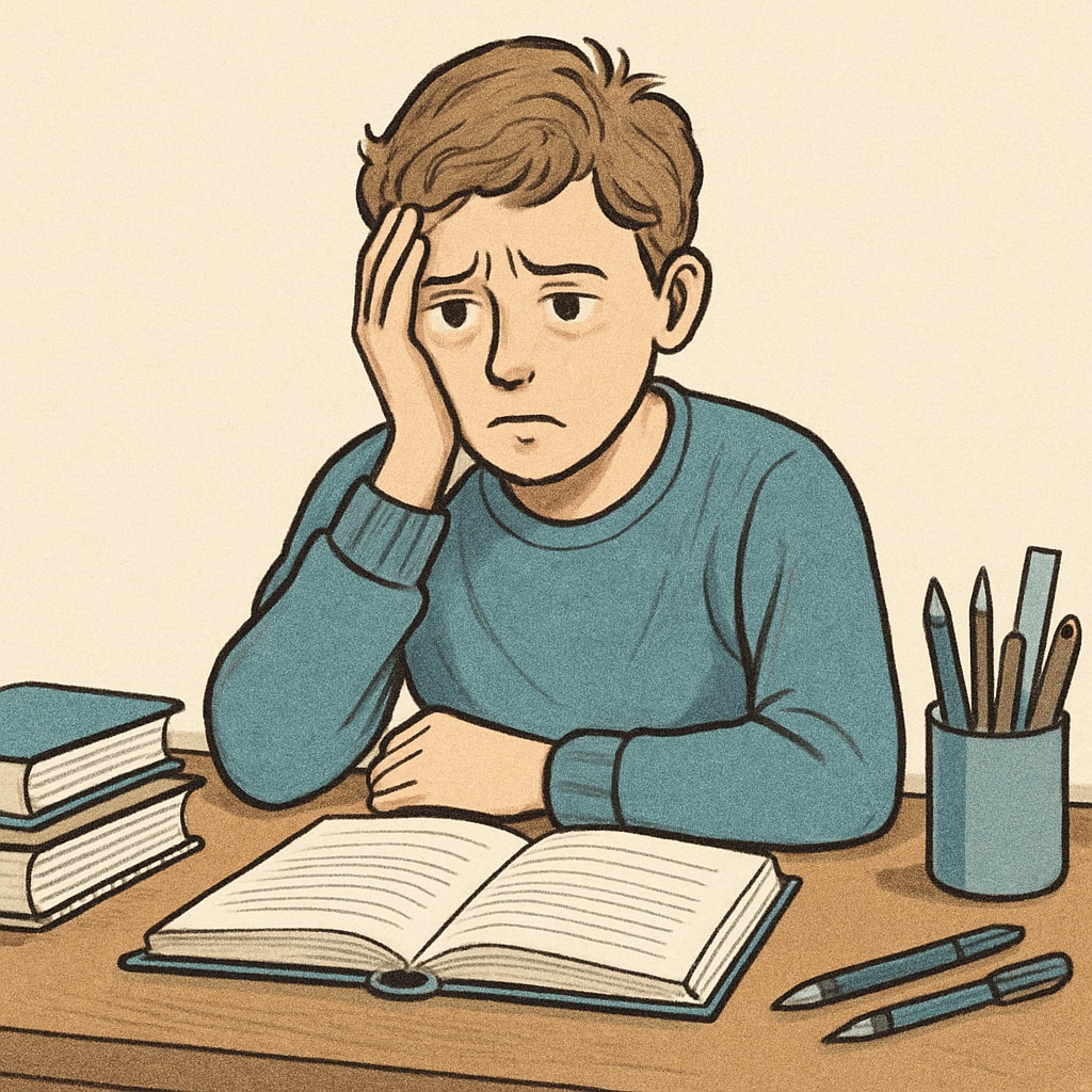 A distressed student sitting at a desk surrounded by schoolbooks, reflecting emotional impact. Student experiencing emotional stress due to false plagiarism accusations.