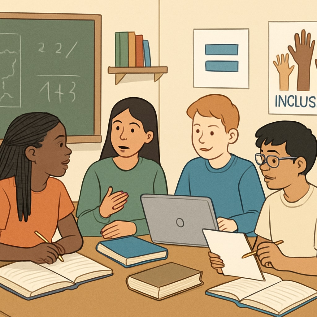 Students collaborating on a social justice project, representing diverse perspectives.