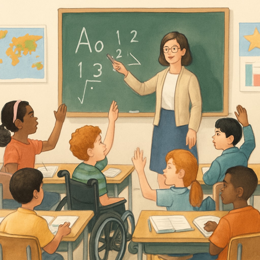 Diverse students and a teacher in a classroom, highlighting the need for equitable education.