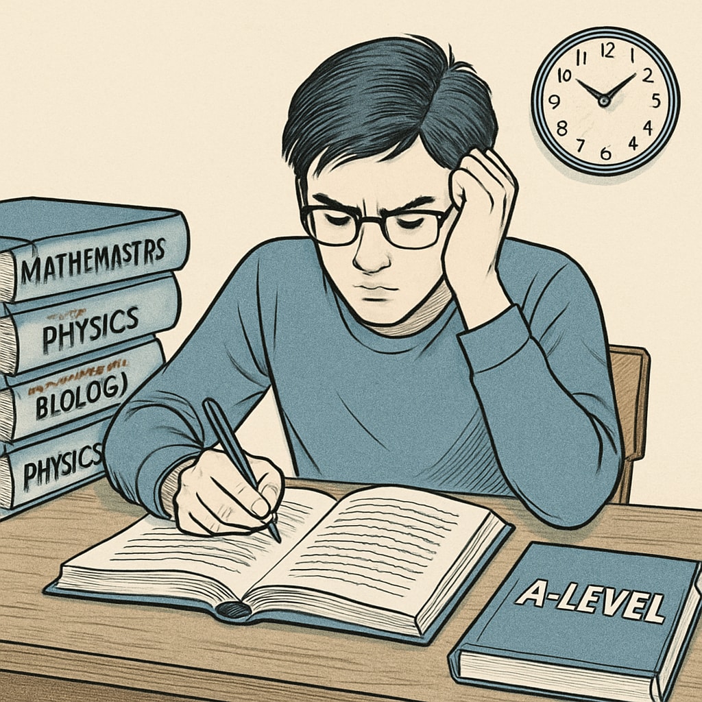 A student studying intensely for A-level retakes with textbooks and a clock in the background. A student preparing for A-level retakes, symbolizing dedication and effort.