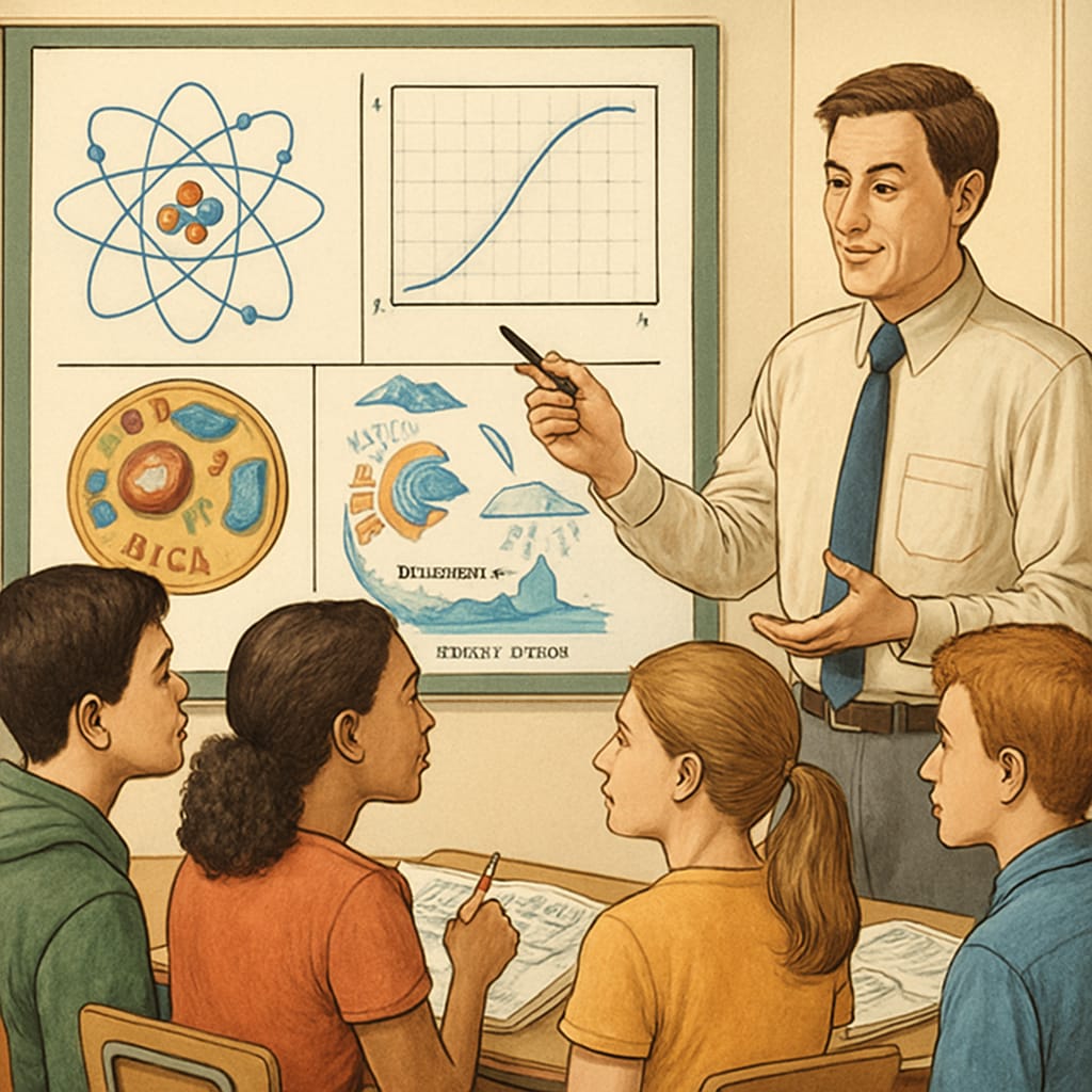 A high school teacher explaining a science concept to a diverse group of students using visual aids and diagrams. High school science teacher using visual aids to teach English learners.