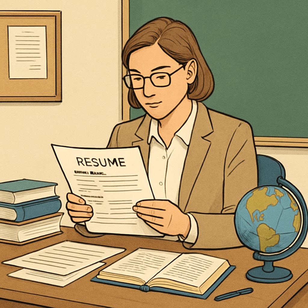 A teacher sitting at a desk, reviewing their resume while preparing for an international job application. Teacher reviewing resume for Canadian K12 teaching job application.