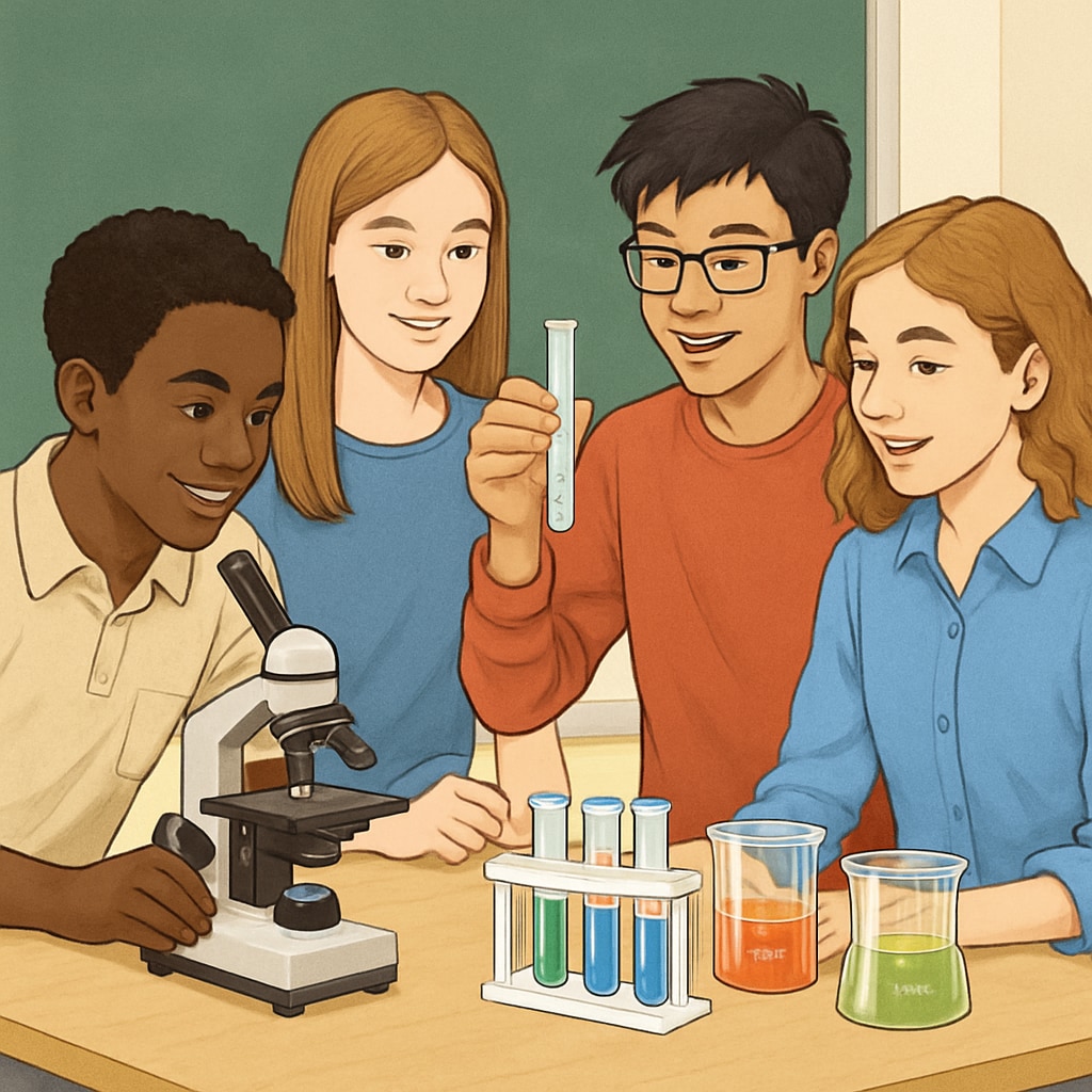 A group of high school students working together on a science experiment, fostering collaboration and inclusivity. Diverse high school students collaborating on a science experiment.