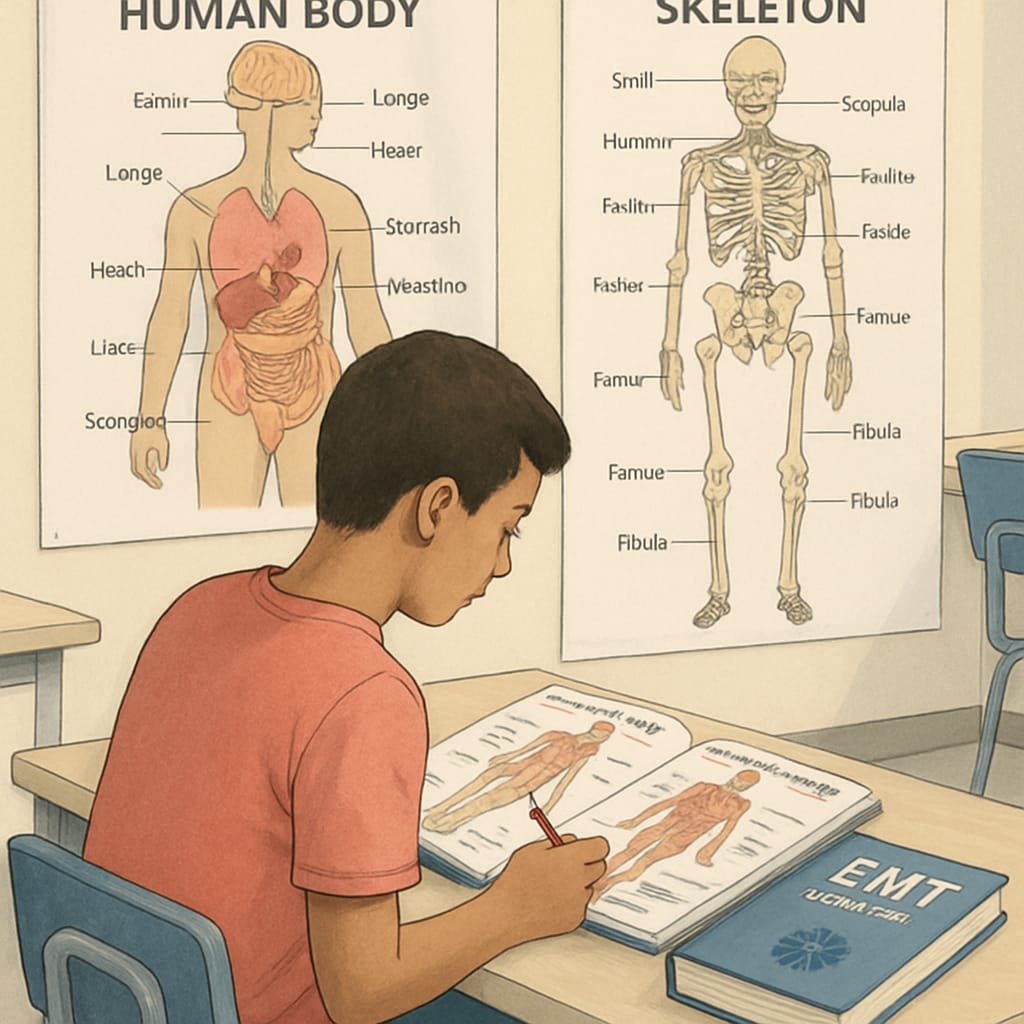 A high school student studying anatomy charts with an EMT manual beside them, representing early preparation for nursing careers. High school student preparing for nursing programs with EMT experience.