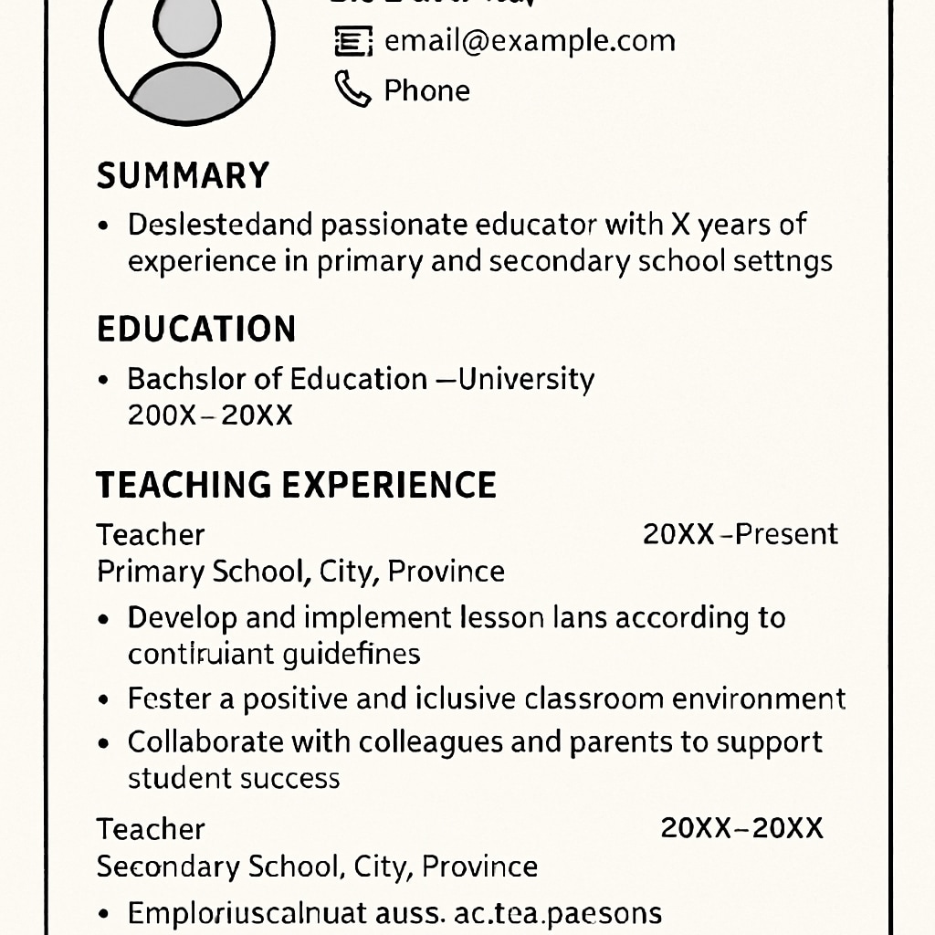 Example of a well-formatted resume with bullet points and clear headings, tailored for Canadian teaching positions. Sample resume formatted for Canadian teaching opportunities.