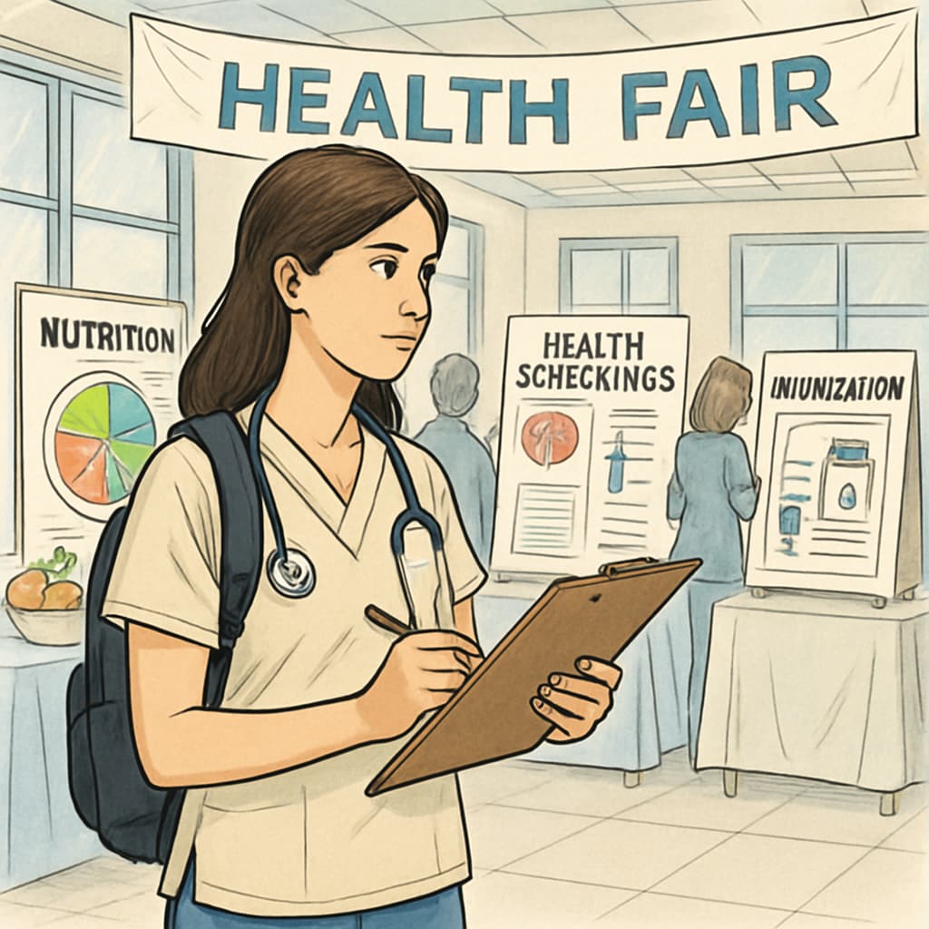 A college nursing student attending a campus health fair, juggling academic responsibilities and extracurricular engagement. Nursing student balancing academics and campus life with EMT experience.