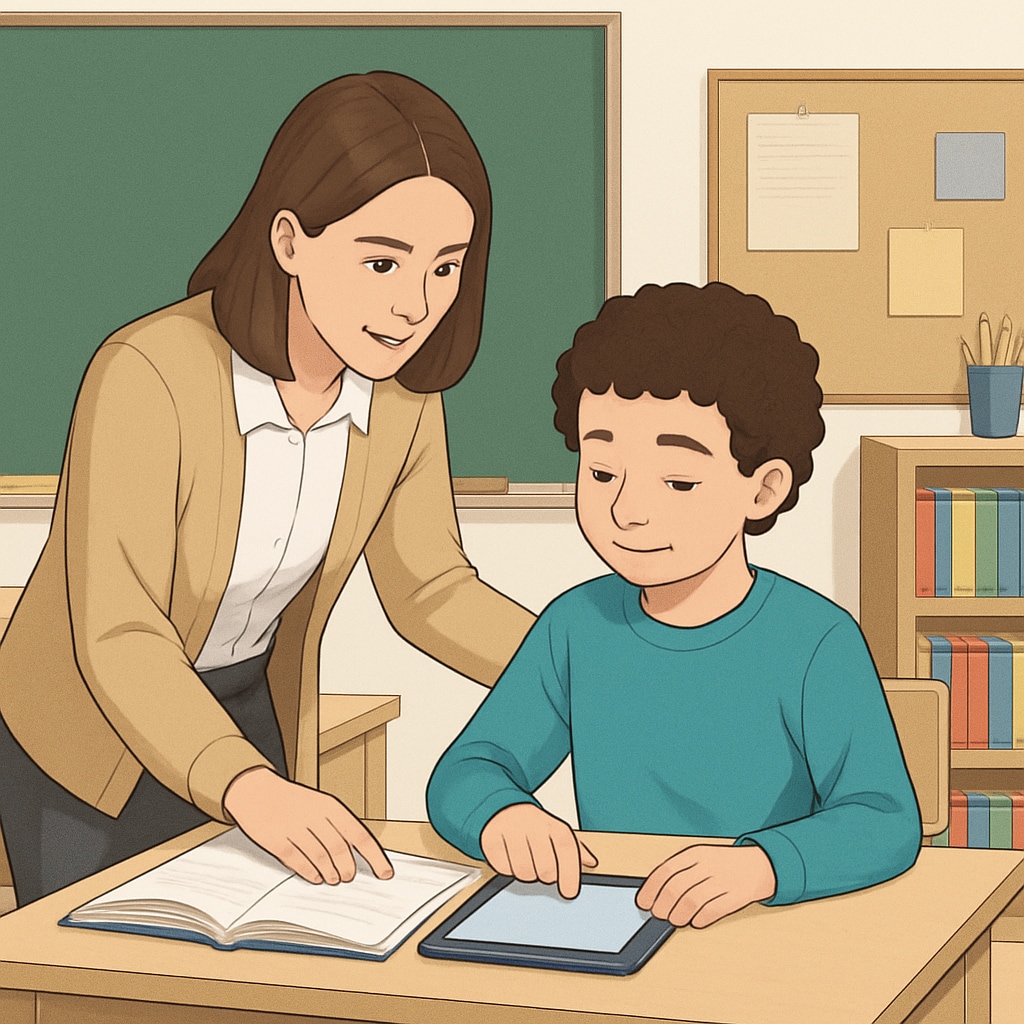 A teacher assisting a student with autism in a classroom setting. The image captures a moment of engagement and learning. Special education teacher working with a student on the autism spectrum.
