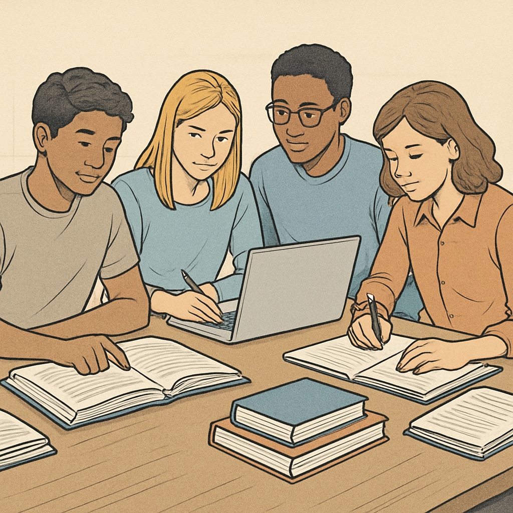 A group of students studying for an aptitude test, sitting together with textbooks and laptops. Students preparing for mathematical aptitude tests during campus recruitment.