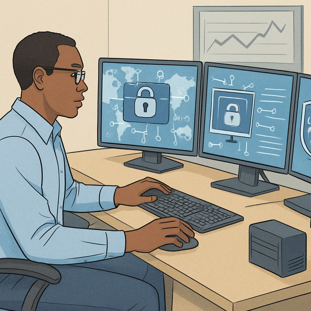 A cybersecurity professional analyzing network systems on multiple monitors, symbolizing the practical applications of cybersecurity careers. Cybersecurity expert monitoring network systems