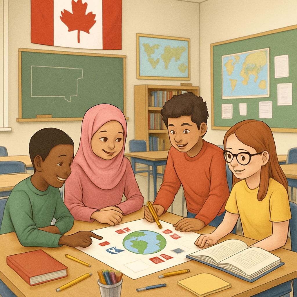 A classroom setting in Canada with students working collaboratively on a multicultural project. Students in Canada working on a multicultural project to build cross-cultural competence.