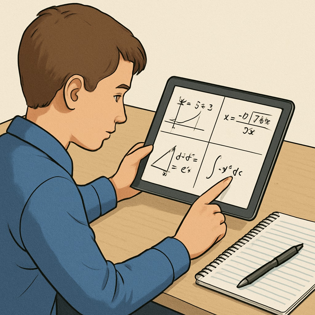 A close-up of a student using a tablet to study mathematical problems, with a notebook and pen nearby. Student studying for mathematical aptitude tests using digital and traditional resources.