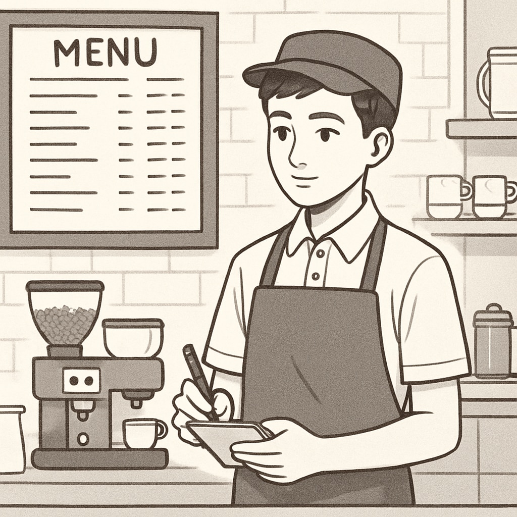 A high school student working part-time in a local café, wearing a uniform and taking orders from customers. The image conveys a sense of responsibility and independence. High school student working part-time in a café to balance work and academics