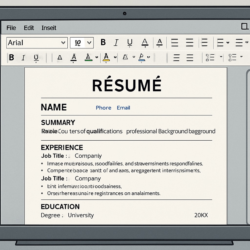 A close-up of a computer screen showing a resume template being edited. Editing a resume template on a computer screen as part of career preparation.