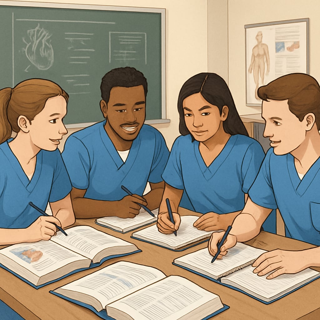 A group of nursing students collaborating in a physical study group setting, discussing notes and textbooks. Nursing students study group collaboration