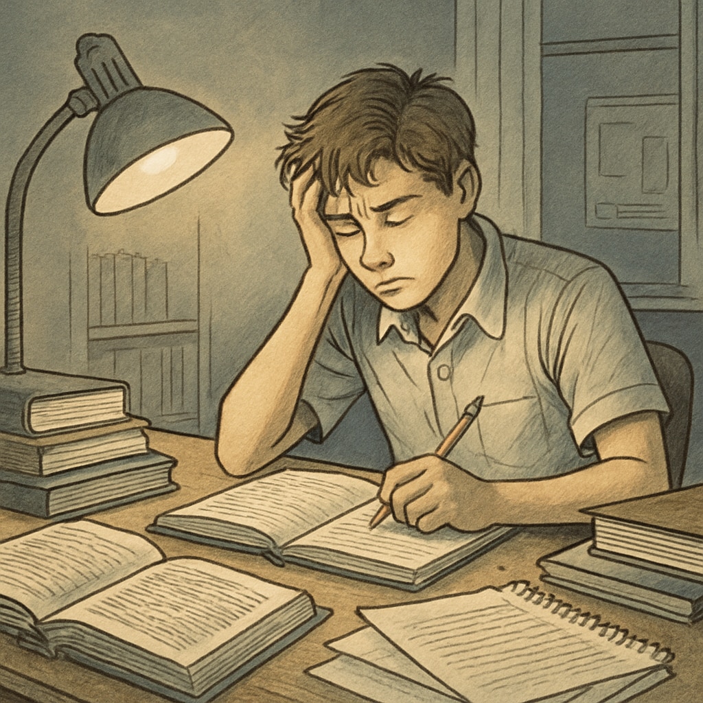A high school student sitting at a desk late at night, surrounded by books and study materials, looking stressed after a long work shift. The image highlights the risks of overworking. Stressed high school student studying after a long work shift